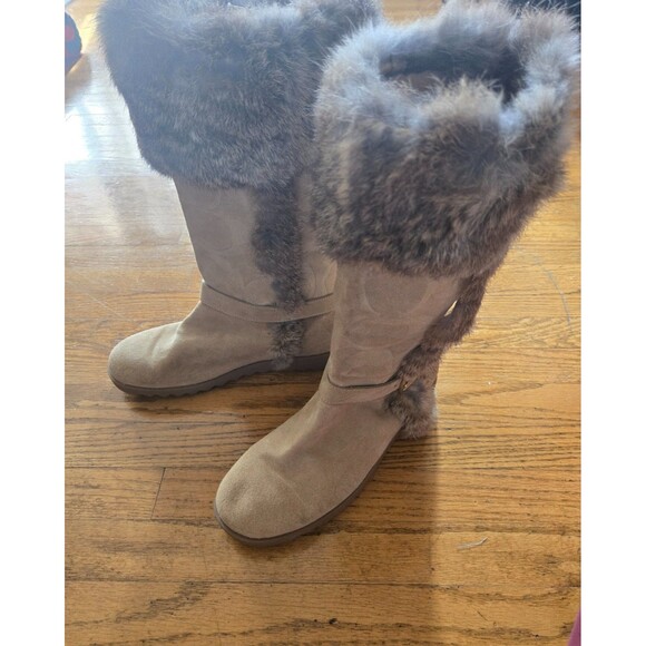 Coach Deeann Signature Embossed Suede Rabbit Fur Trim Women 8B Boots - Picture 3 of 9